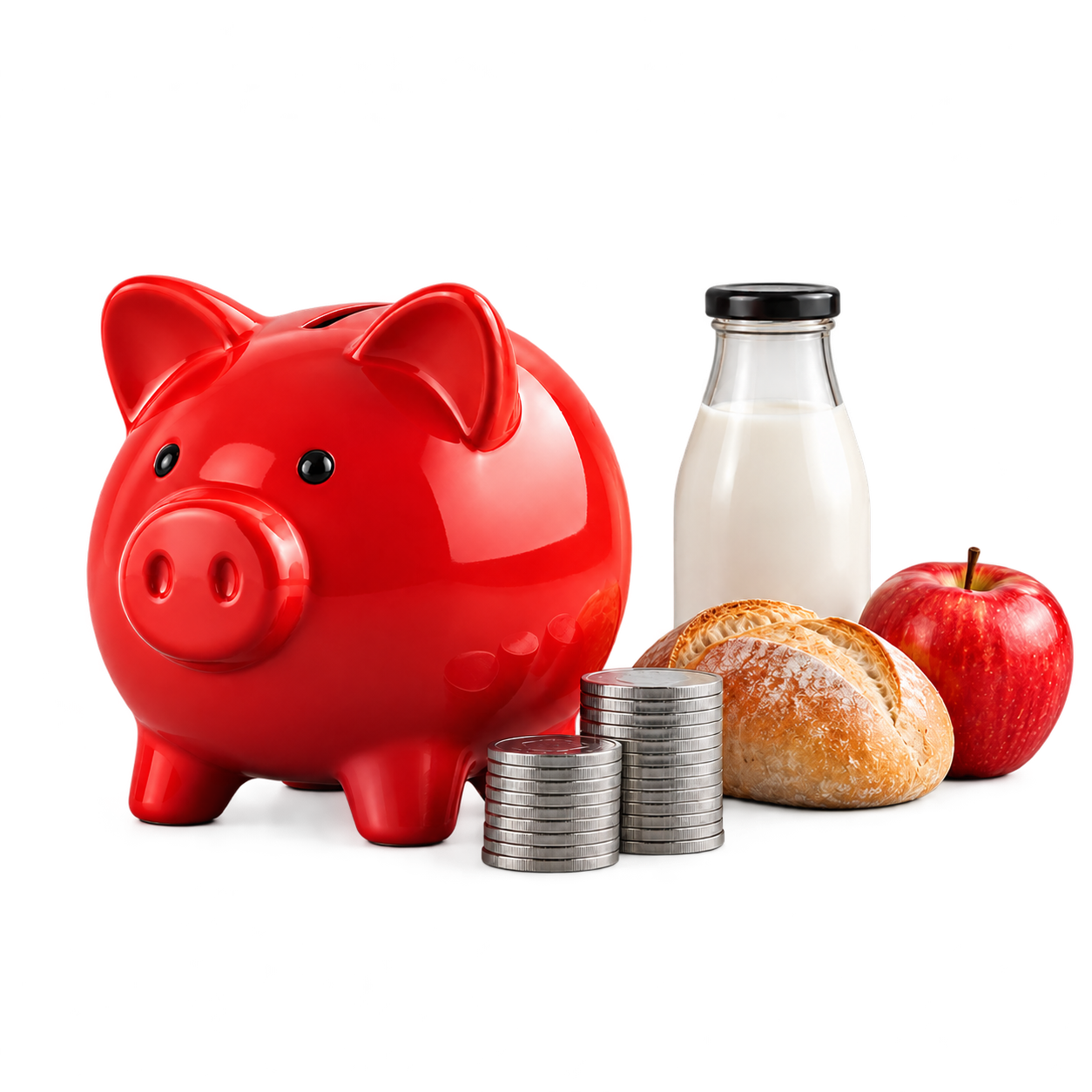 Alcancía roja de cerdito junto a monedas, leche, pan y una manzana, representación del sustento familiar